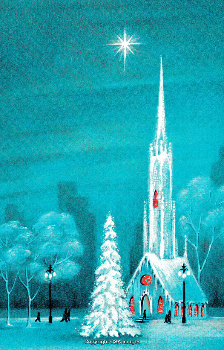 Snow Covered Church Amidst Winter Scenery with Tree and Starry Sky