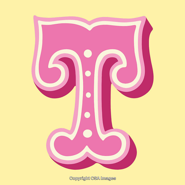 Stylized Pink Letter T on Yellow Background with Decorative Design