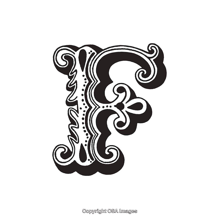 Ornate Black and White Letter F with Decorative Details