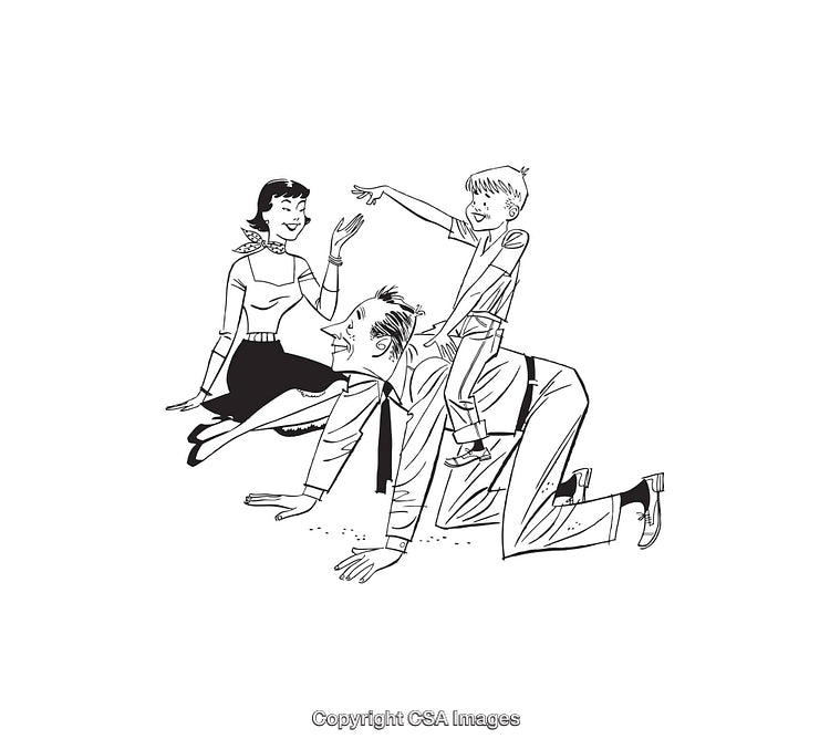 Vintage Family Playing Together With Joyful Expressions in Black and White Art