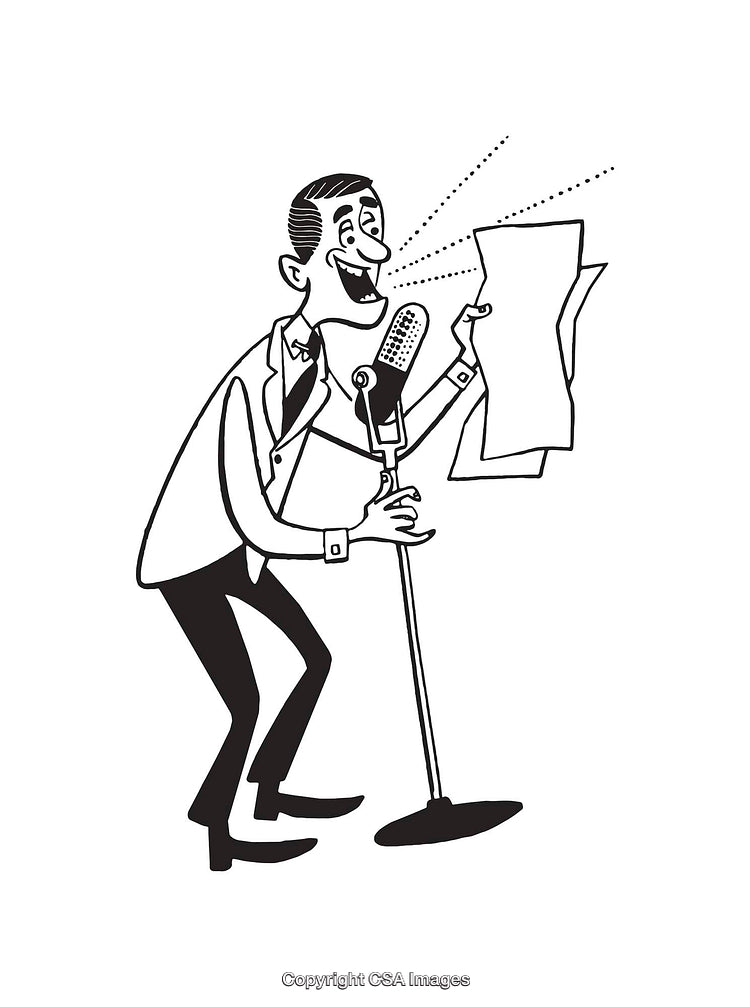 Vintage Cartoon Style Line Art of Man Speaking Into Microphone