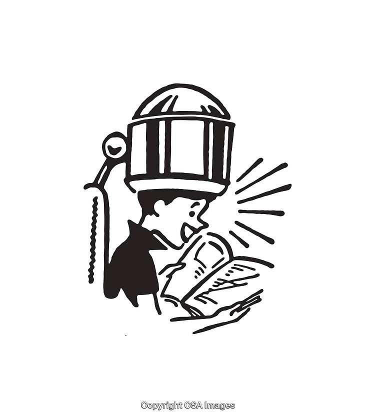 Retro Illustration of a Person Reading With a Helmet-Like Device