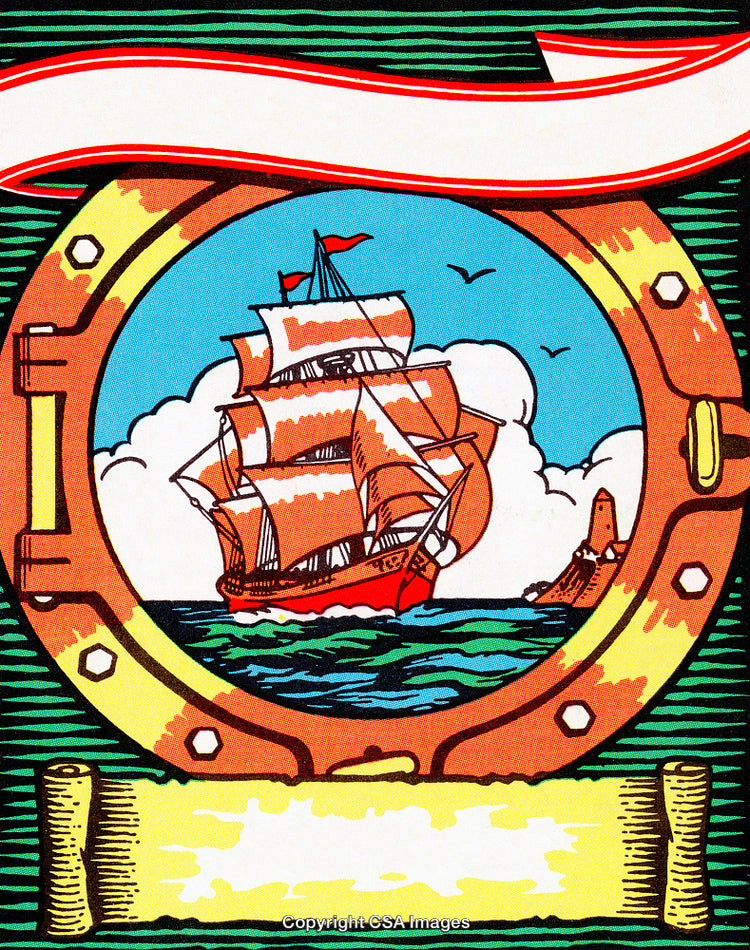 Vibrant Illustration of a Ship at Sea Through Porthole Frame