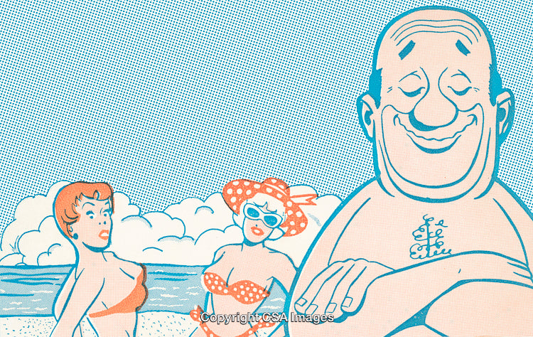 Retro Comic Style Beach Scene with Humorous Characters
