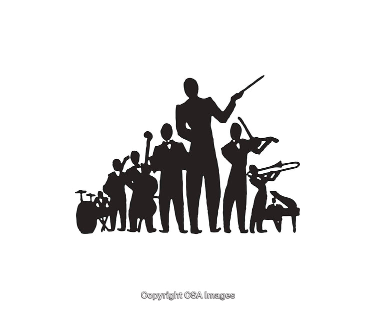 Silhouette of an Orchestra Performing With a Conductor Directing the Musicians