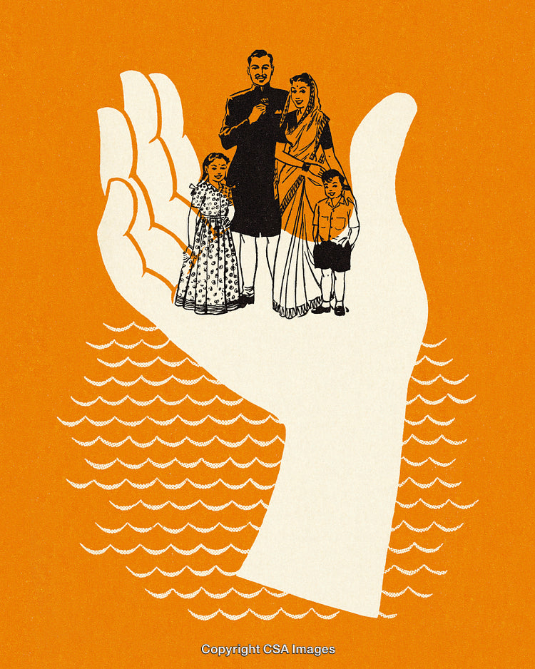 Illustration of a Family Standing on a Protective Hand with Waves