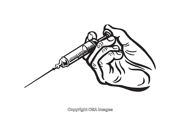 Hand Administering an Injection Through a Medical Syringe in Line Art