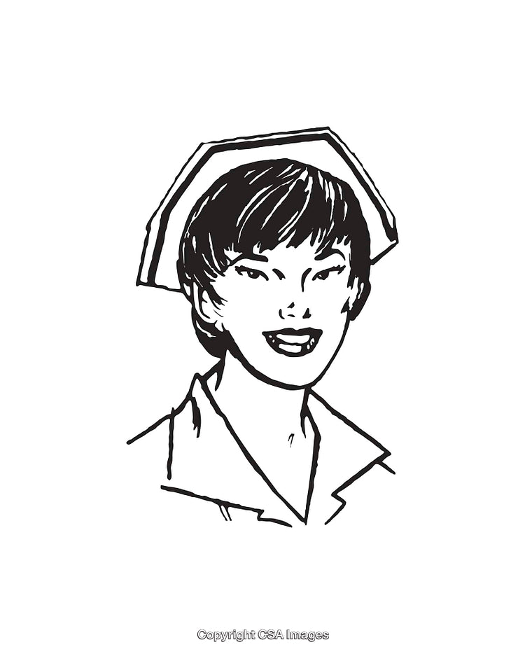 Line Art Illustration of a Smiling Nurse Wearing a Classic Nurse Cap
