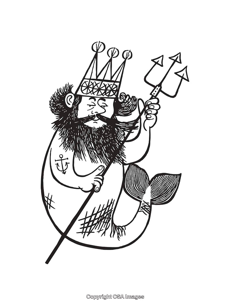 Black and White Line Art of a Mermaid Holding a Trident