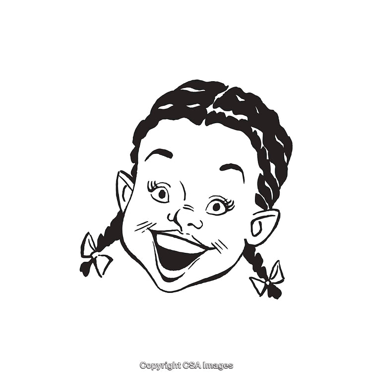 Black and White Line Art of Smiling Girl with Braided Hair