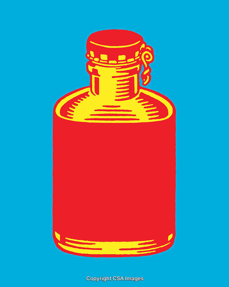Vibrant Yellow and Red Bottle Design on Blue Background