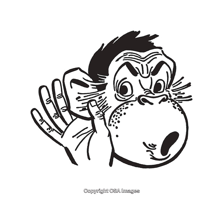 Black and White Line Art of Monkey Gesture with Hand on Ear