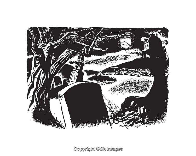 Black And White Illustration of Haunted Graveyard Under Moonlit Sky