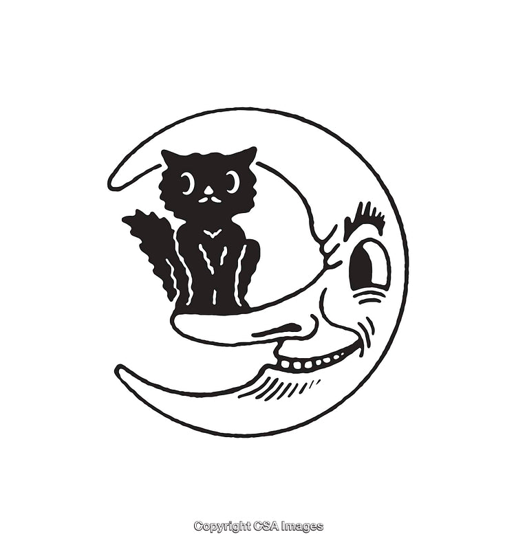 Vintage Black Cat on a Smiling Moon Line Art Illustration