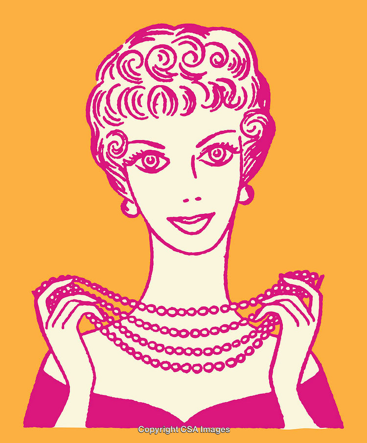 Retro Style Portrait of a Smiling Woman Holding Elegant Pearl Jewelry