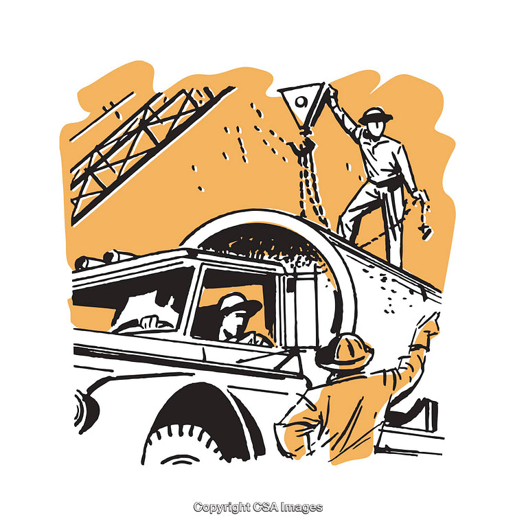 Construction Workers and Cement Mixer Illustration in Bold Colors