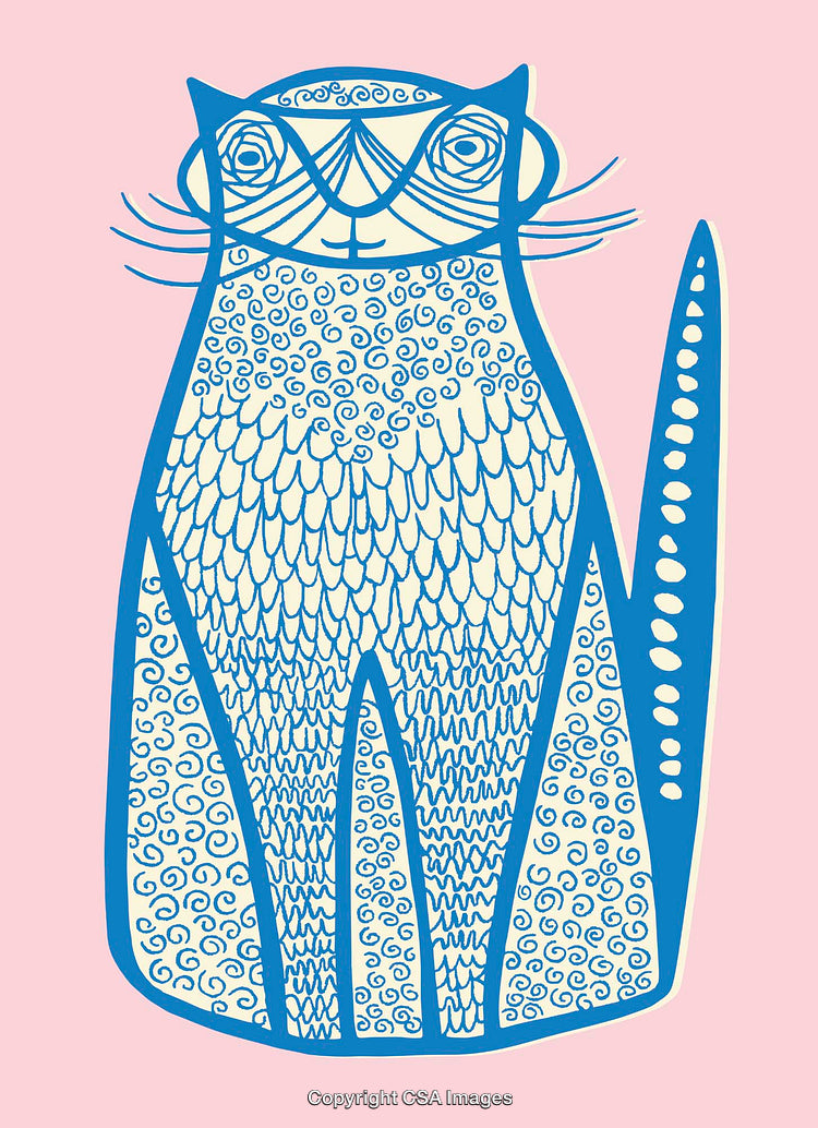 Whimsical Hand-Drawn Blue Cat Illustration on Pink Background