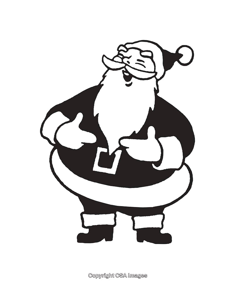 Black And White Illustration of Santa Claus Smiling Happily in Festive Attire