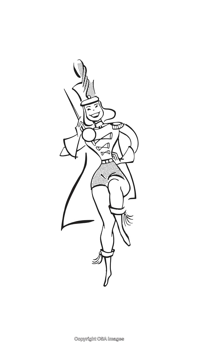 Illustration of a Vibrant Marching Band Leader in Black and White Line Art