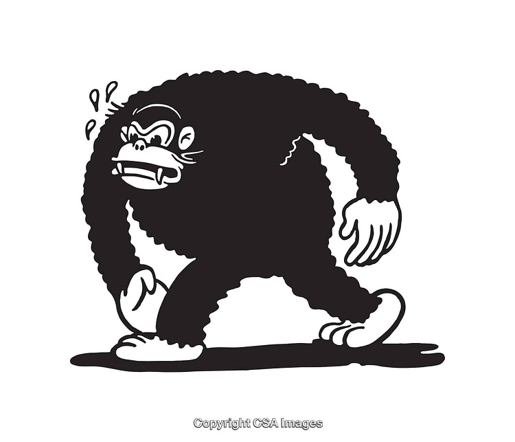 Black and White Line Art of Cartoon Gorilla Walking Nervously