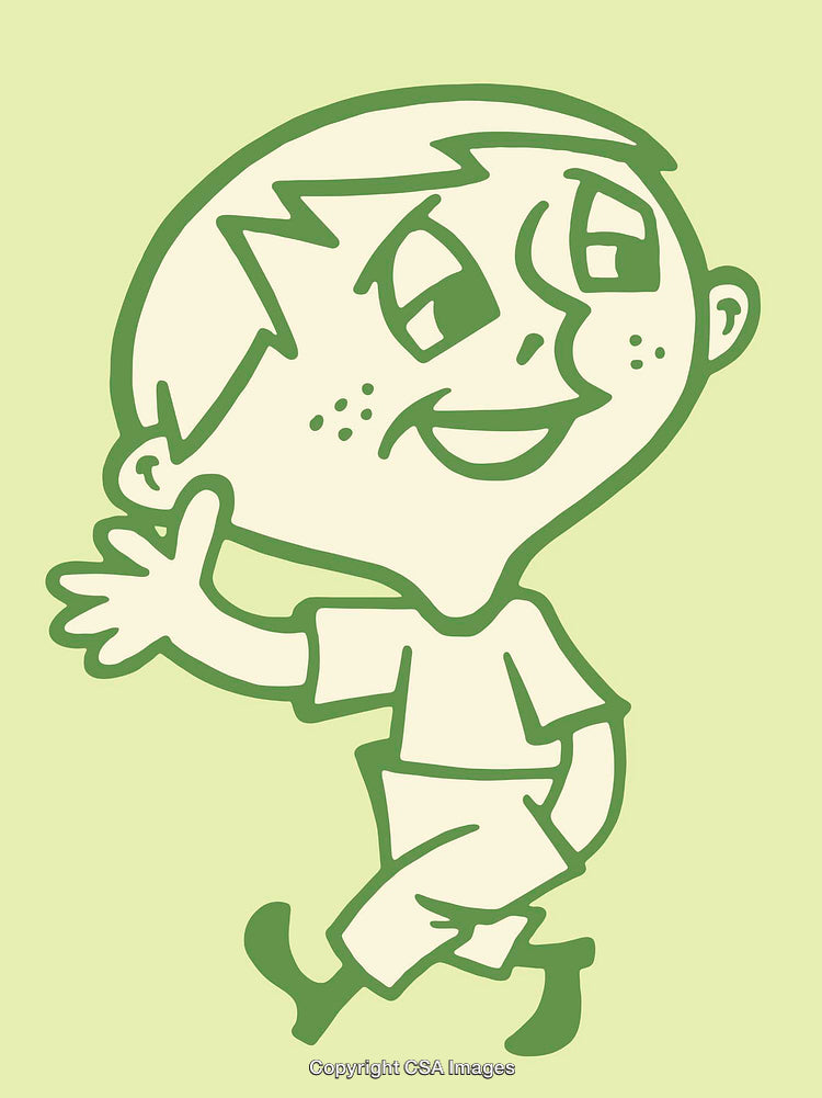 Playful Green Line Art Illustration of a Cheerful Young Boy