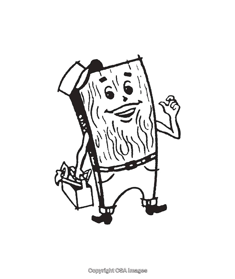 Cheerful Cartoon Wooden Character With a Toolbox Line Art