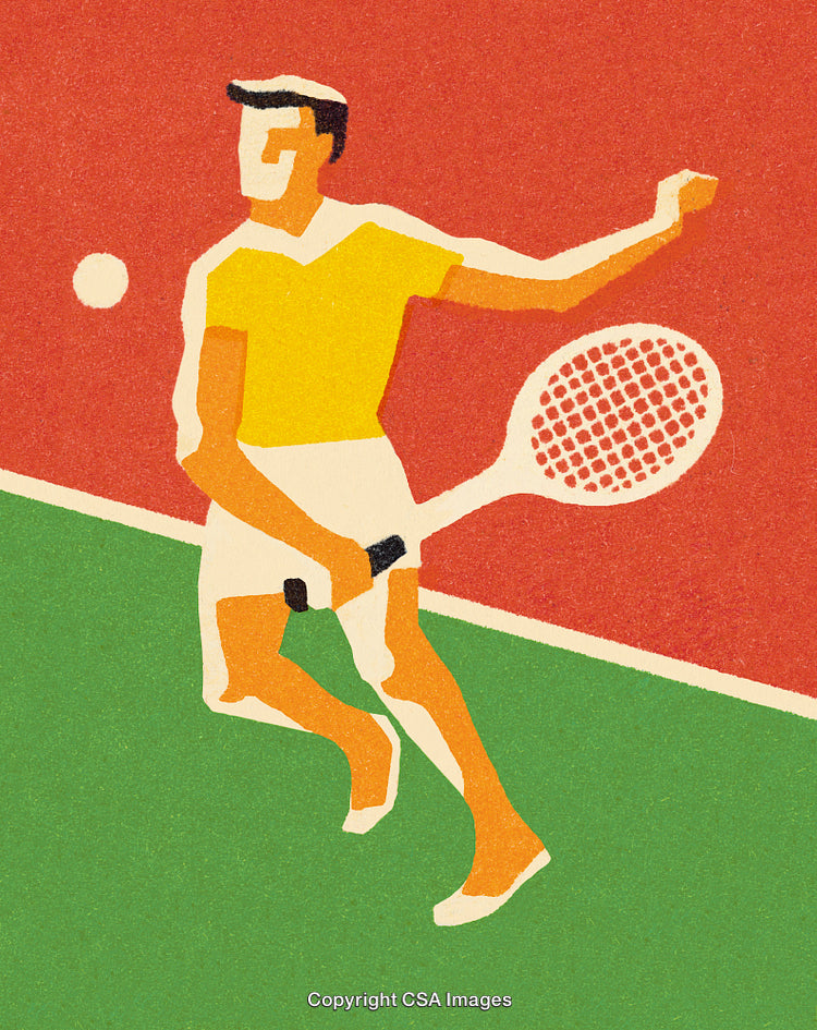 Colorful Vintage Illustration of a Tennis Player in Action on Court