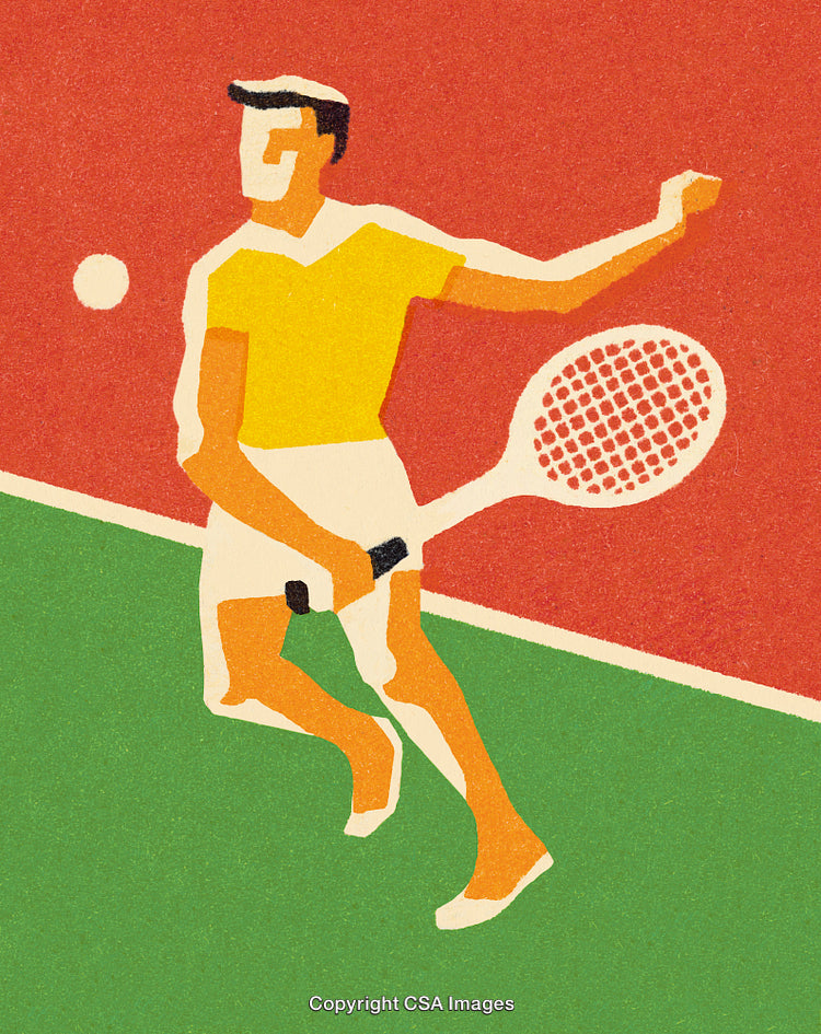 Colorful Vintage Illustration of a Tennis Player in Action on Court