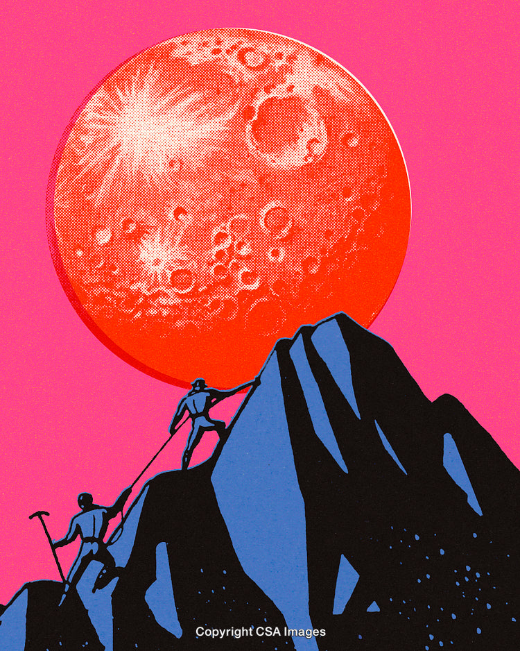 Two Climbers Ascending a Mountain Under a Vibrantly Artistic Moon Scene