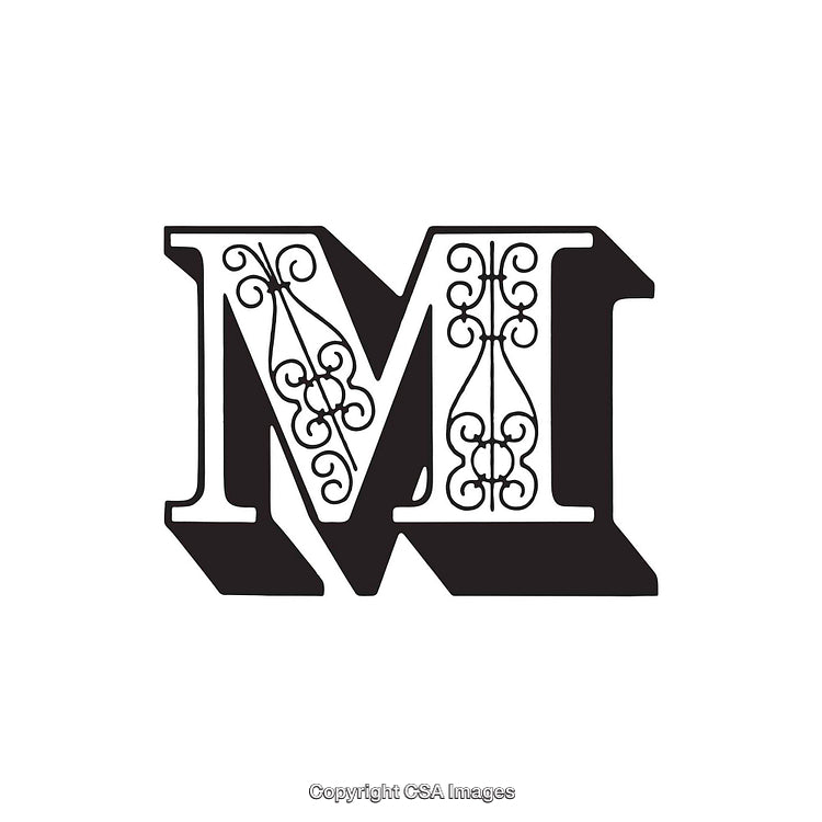 Decorative Black Letter M With Ornamental Details on White Background