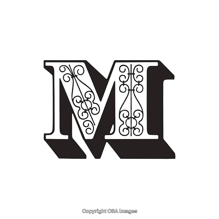 Decorative Black Letter M With Ornamental Details on White Background