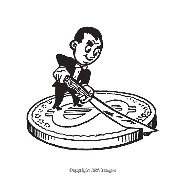 Black and White Illustration of a Man Slicing a Coin Symbolizing Money