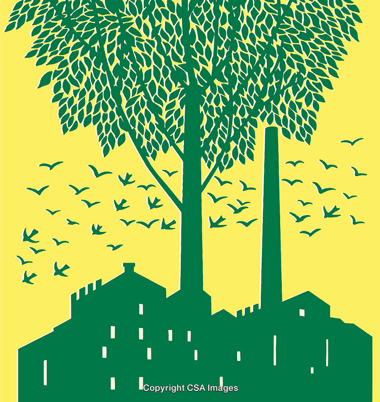 Green Urban Tree Illustration With Birds in a Yellow Backdrop