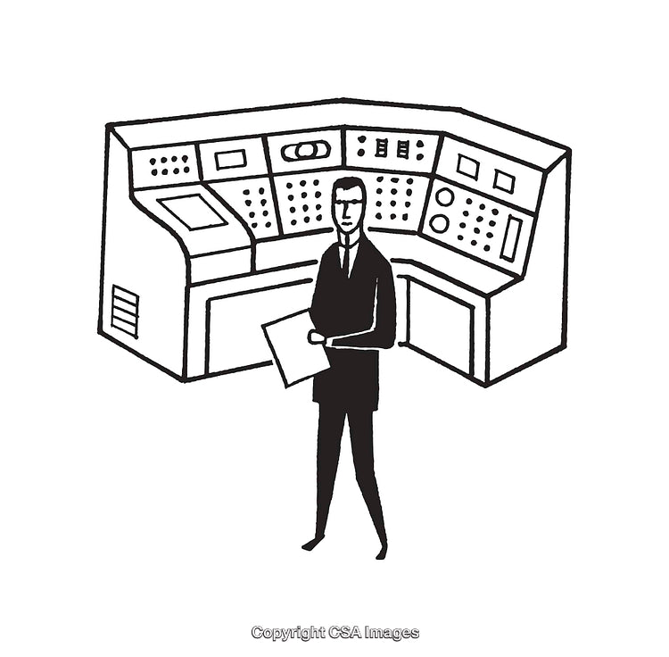 Businessperson Standing in Front of Modern Control Panel Line Art Illustration