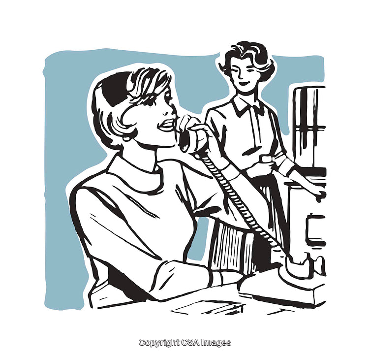 Retro Illustration of Women in a Vintage Office Environment