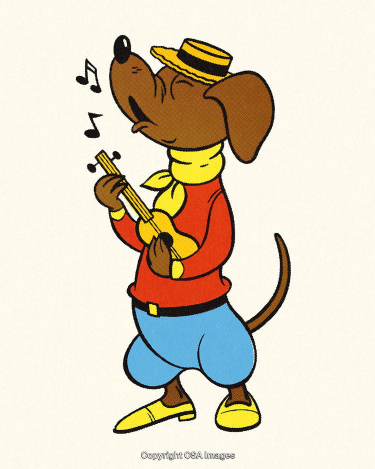 Cartoon Dog Wearing a Hat Playing a Ukulele and Singing Joyfully