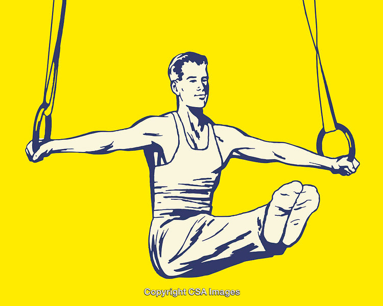 Retro Illustration of a Gymnast Performing Rings Exercise on Bright Yellow Background