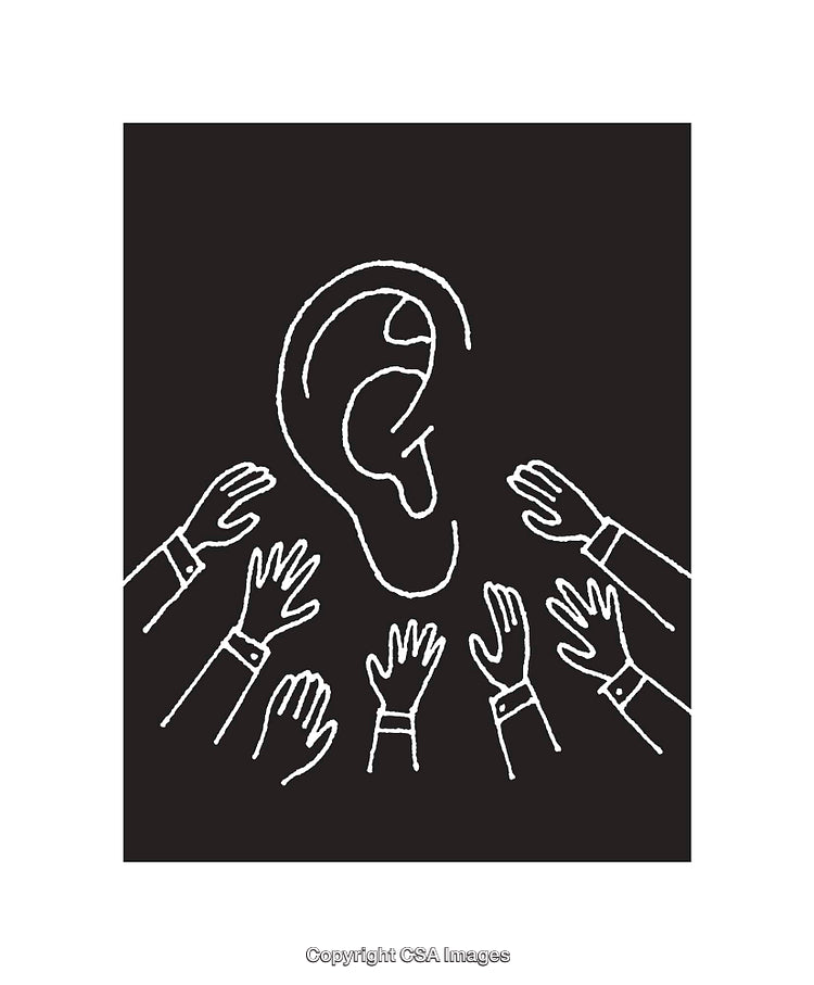 Black and White Line Art Showing Hands Reaching Toward an Ear