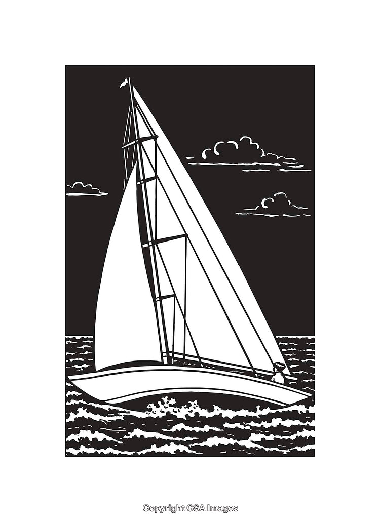 Black and White Line Art of a Sailboat on the Open Sea