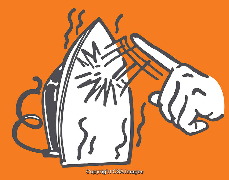 Cartoon Illustration of Hand Touching Hot Iron with Vibrant Orange Background