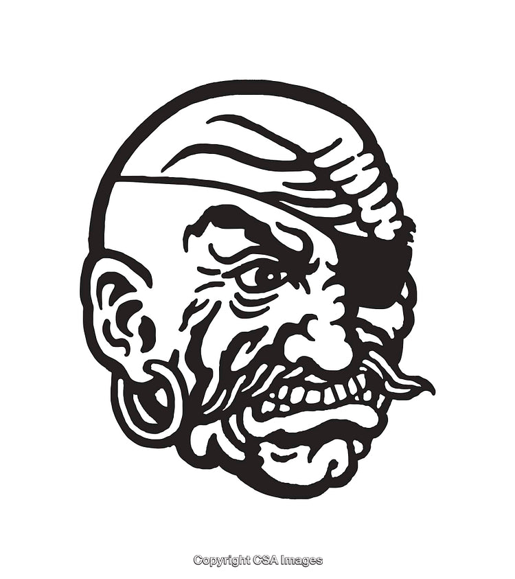 Black and White Pirate Face Line Art Illustration with Eye Patch
