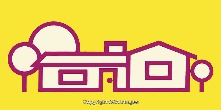 Minimalist Line Art of House with Trees on Yellow Background