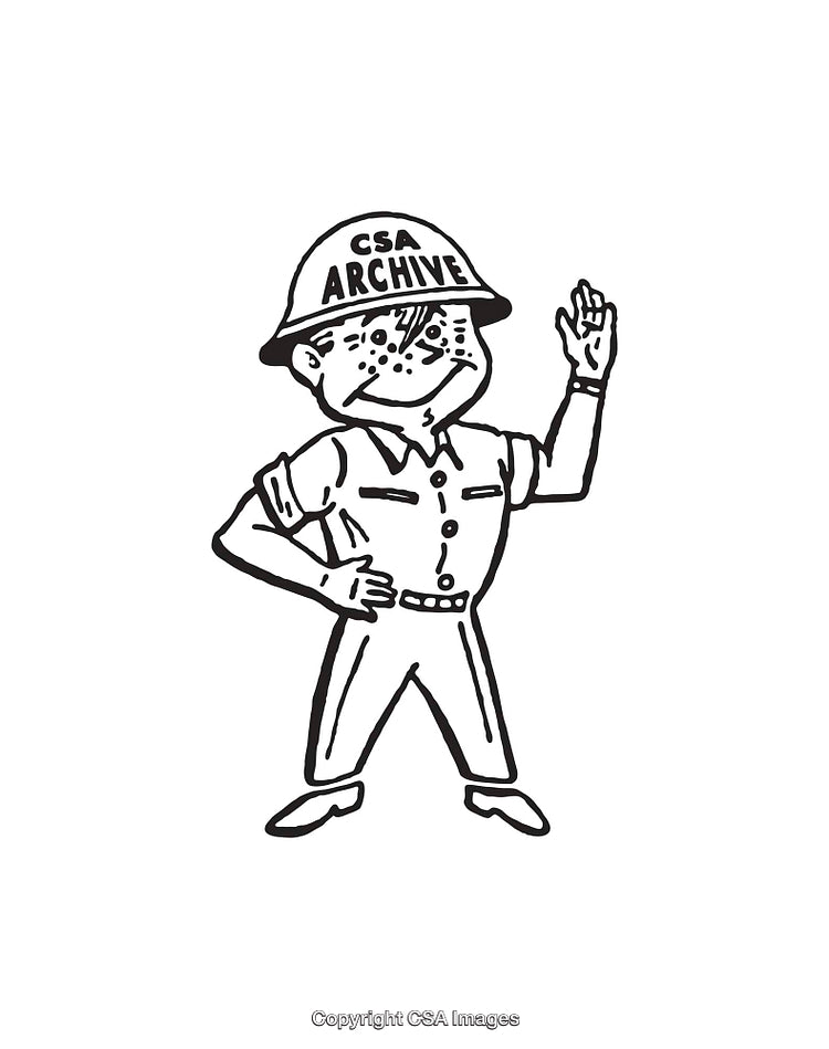 Black and White Line Art Illustration of a Cartoon Worker Character