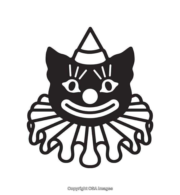 Black and White Line Art of a Cat in Clown Costume