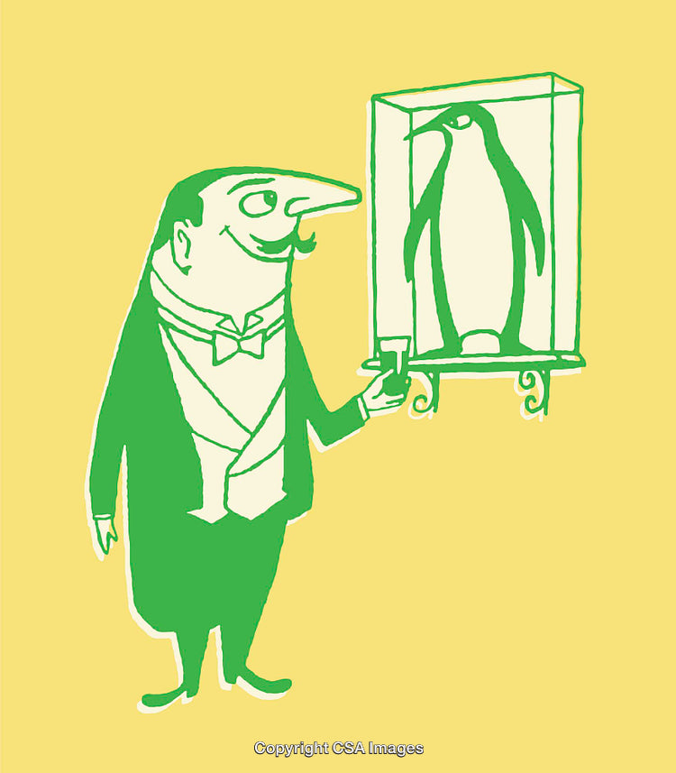 Whimsical Artwork of a Gentleman Admiring a Penguin Display