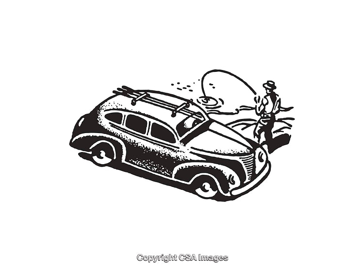 Vintage Line Art of Classic Car and Angler by a Riverbank
