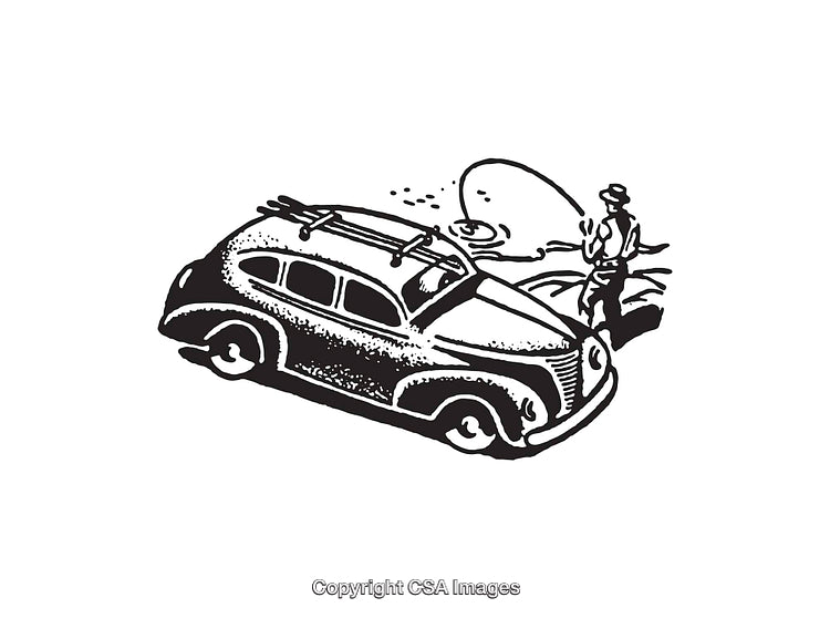 Vintage Line Art of Classic Car and Angler by a Riverbank