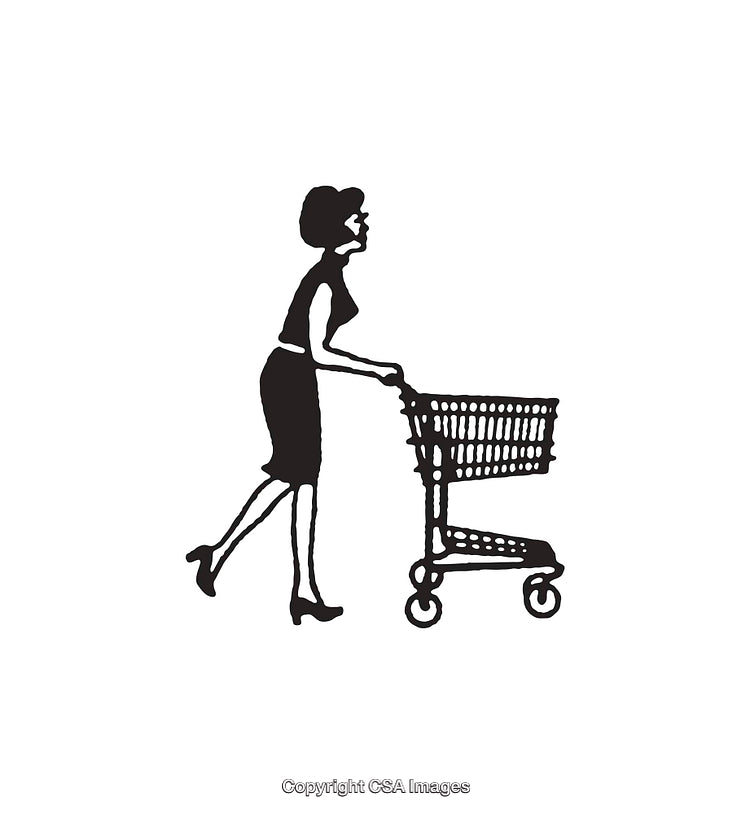 Black And White Illustration of Woman Shopping With Cart