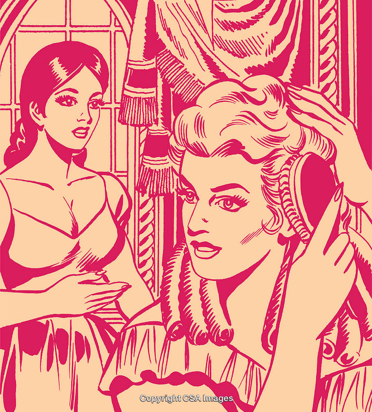 Stylized Retro Illustration of Elegant Women in Classic Vintage Setting