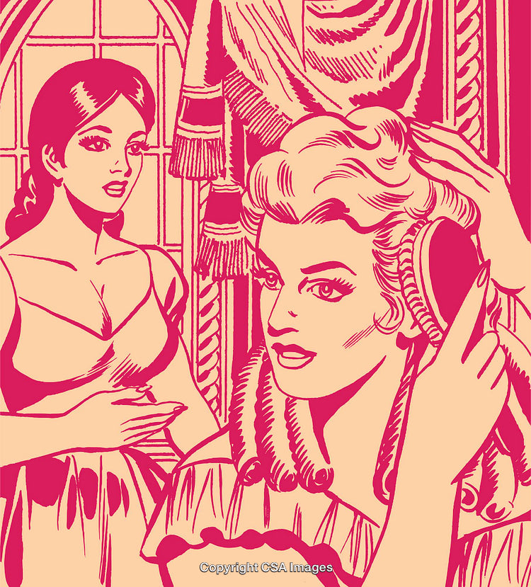 Stylized Retro Illustration of Elegant Women in Classic Vintage Setting
